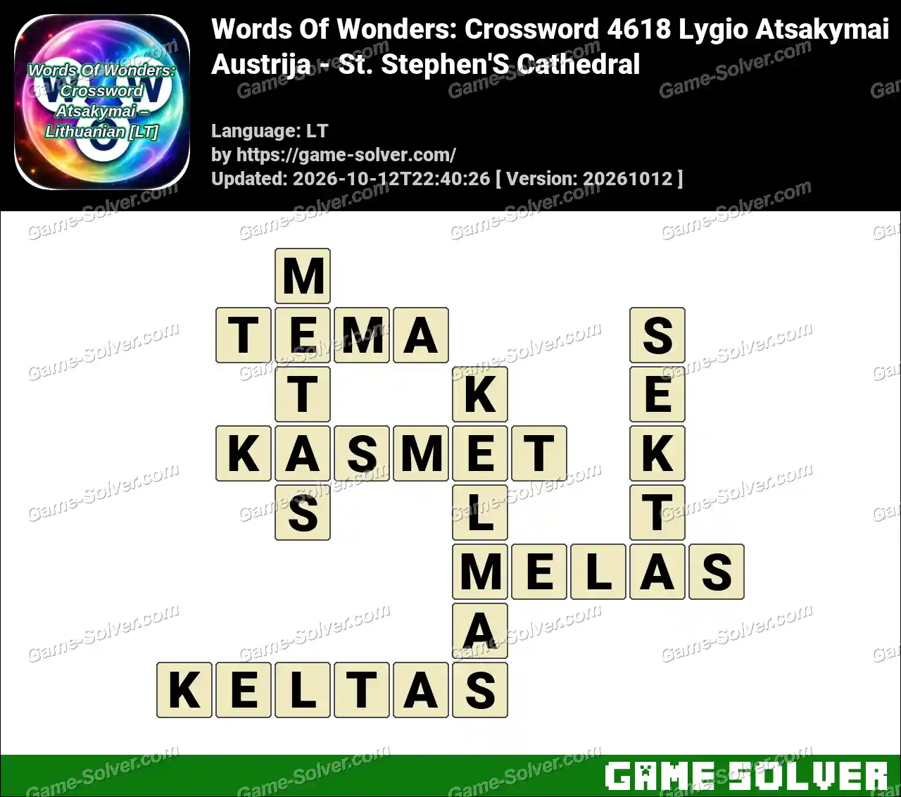 Words Of Wonders: Crossword 4618 Lygio Atsakymai – Austrija – St. Stephen’S Cathedral